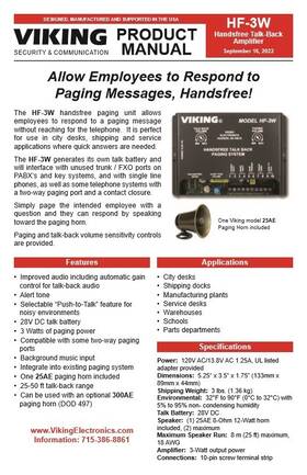 Hf-3w Viking Hands Free Talk-back Amplifier For Loudspeaker Paging